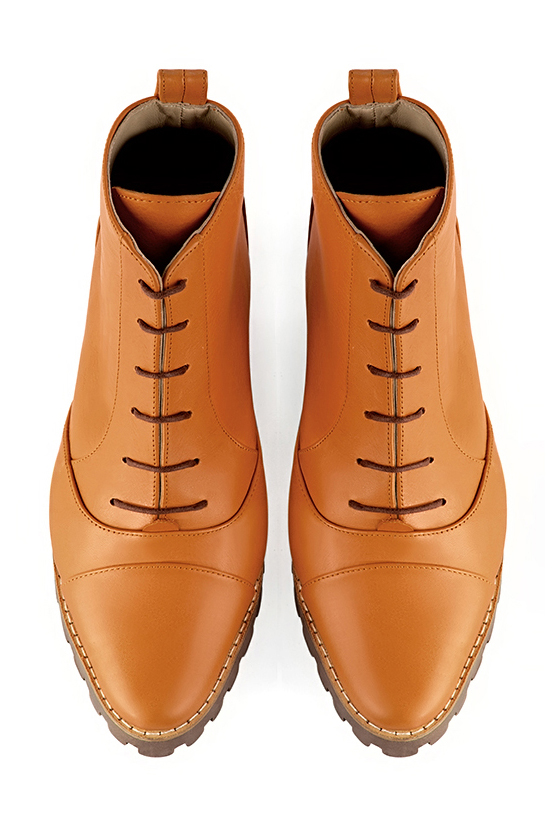 Marigold orange women's ankle boots with laces at the front. Round toe. Low rubber soles. Top view - Florence KOOIJMAN